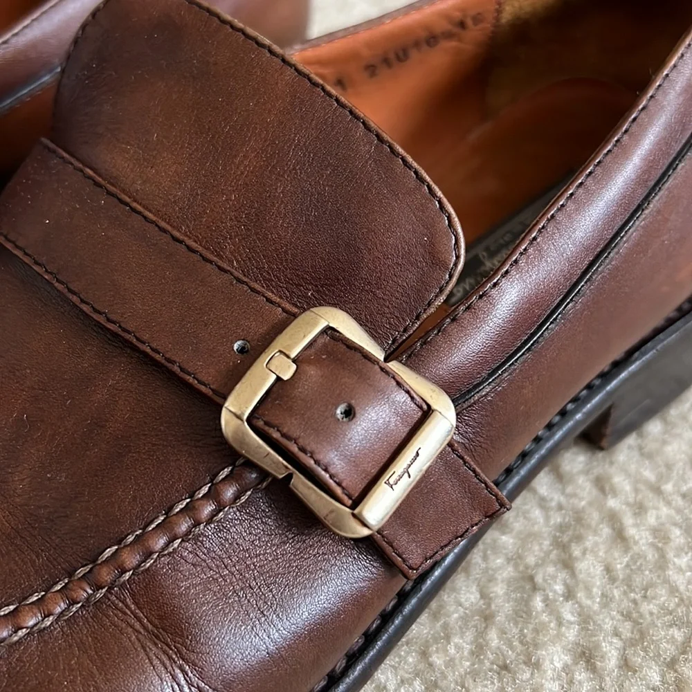 Salvatore Ferragamo Chestnut Brown Leather Slip-On Loafers with Gold Buckles